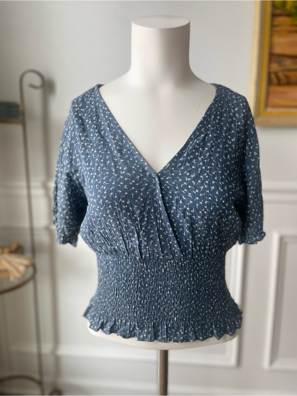 Paper Crane Blue Floral Smocked Wrap Blouse